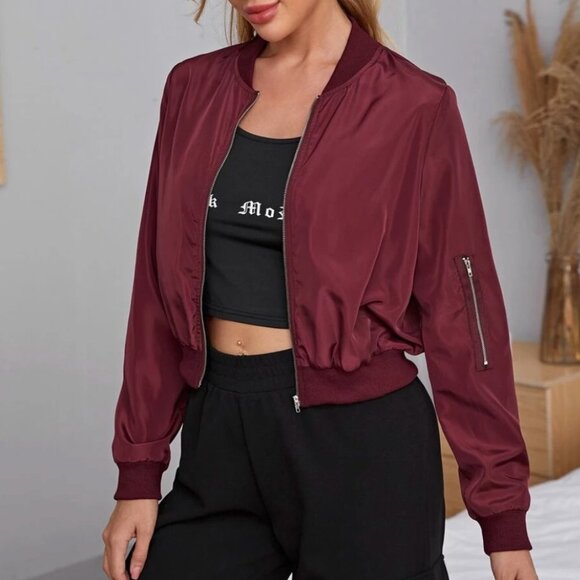 Zip up bomber jacket sporty minimalist burgundy - Picture 2 of 12